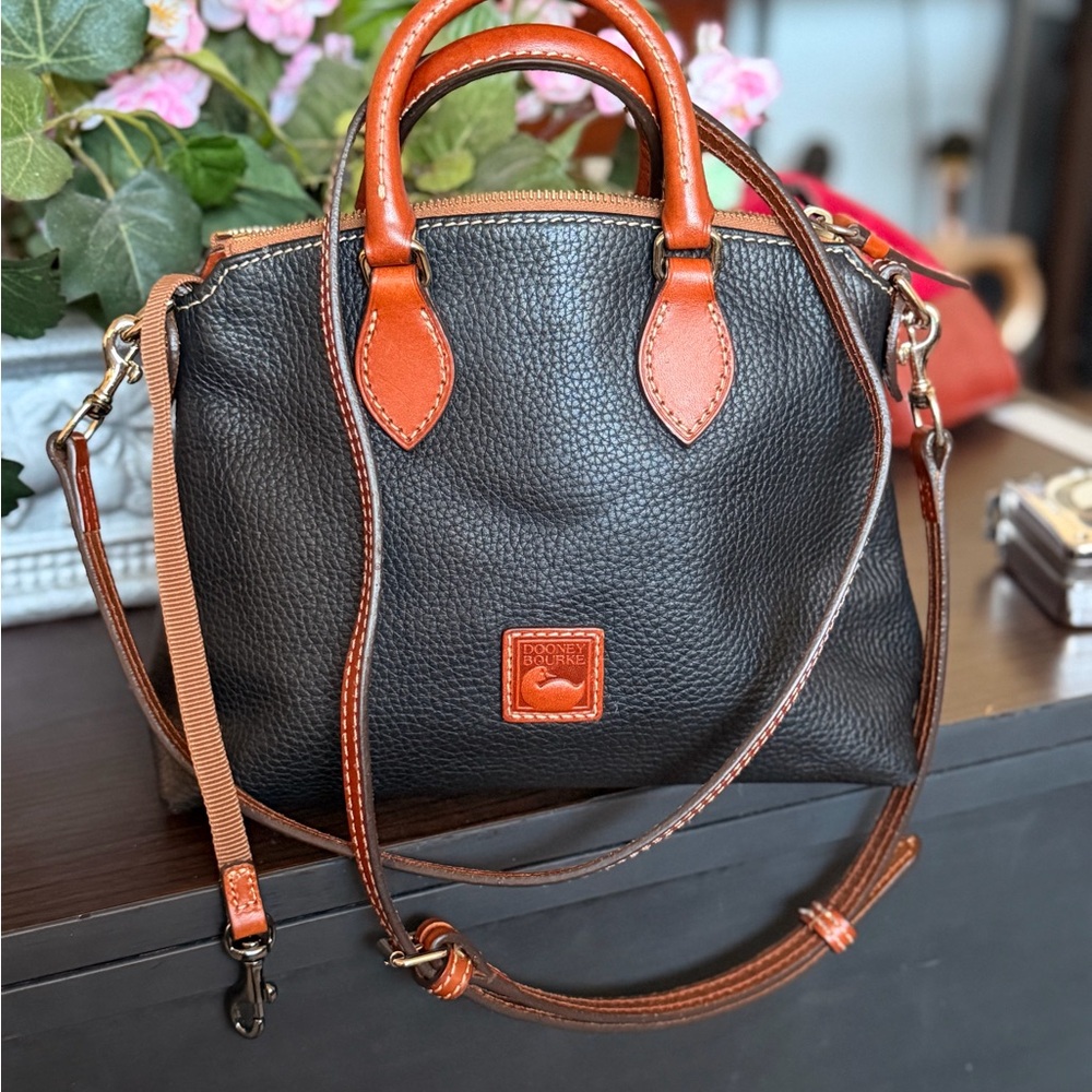 Dooney & Bourke Black Pebbled Leather Satchel with Tan Trim - Picture 7 of 9